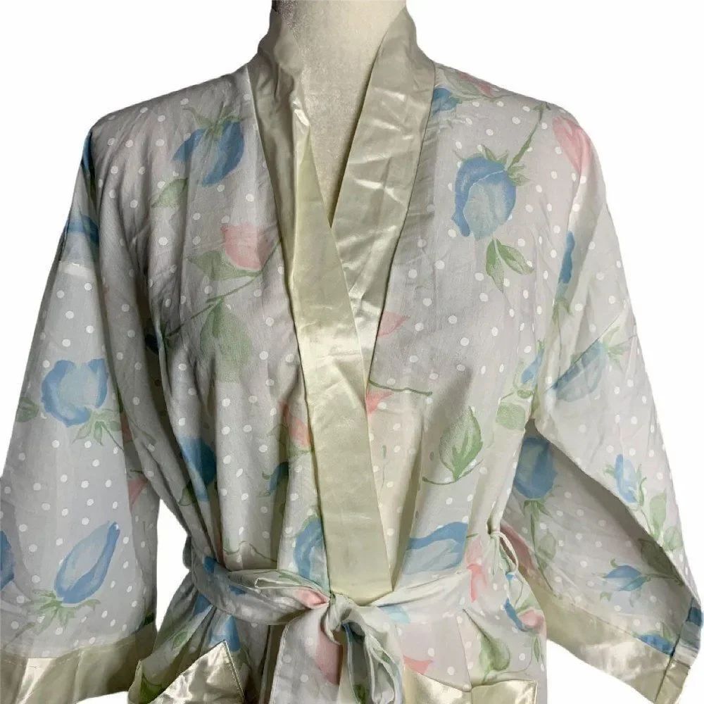 Vintageย Long Floral Belted Robe SโWhite PolkaโDots